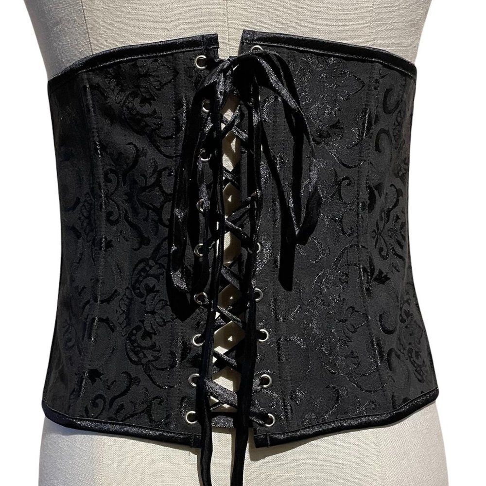 BLACK Jacquard Underbust Corset & Thong Large/5XL - Picture 3 of 8